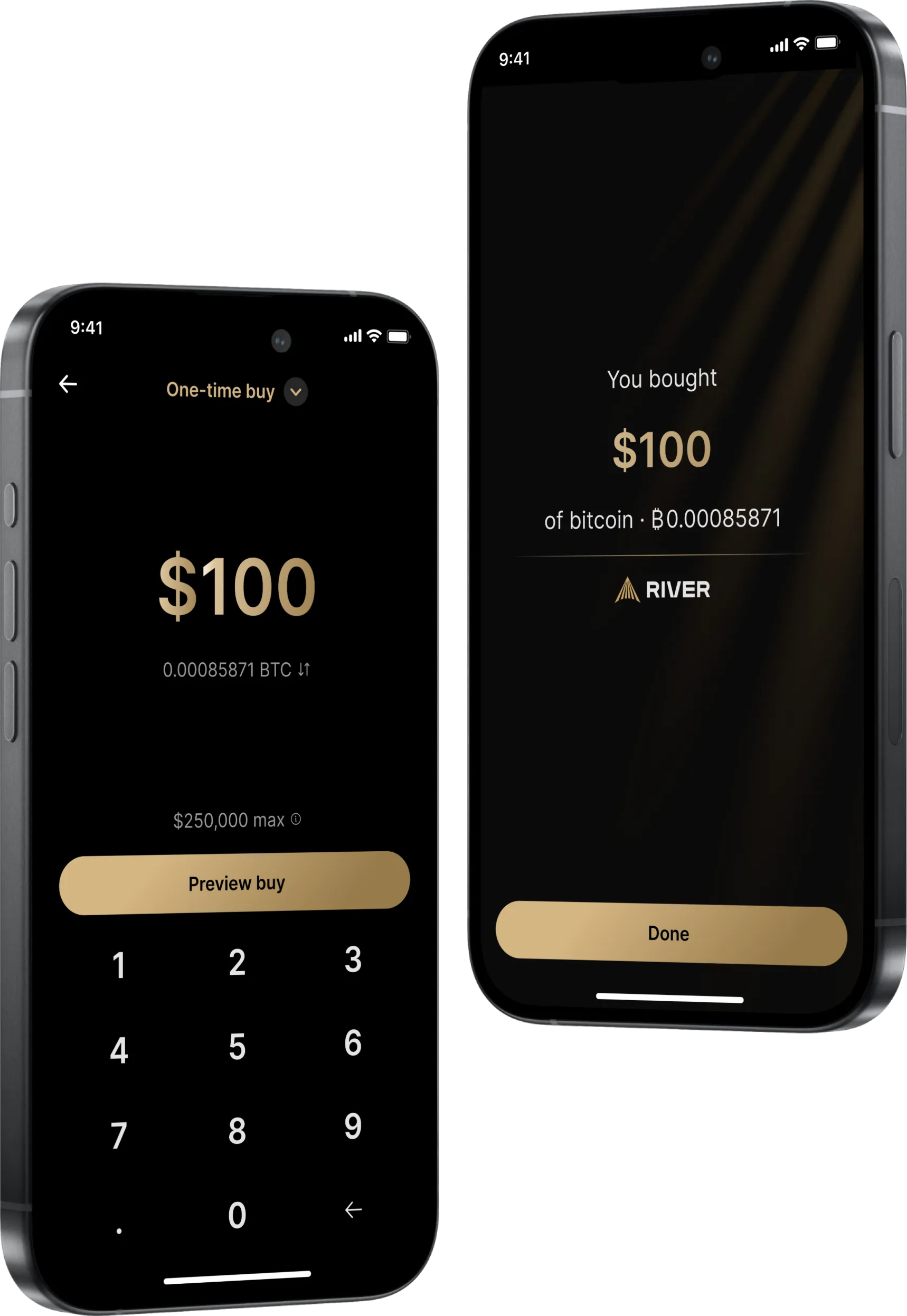 Mobile interface showing RiverX's Bitcoin buying process